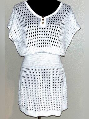 Crochet Beach Cover Up Button Short Sleeve Mini Dress